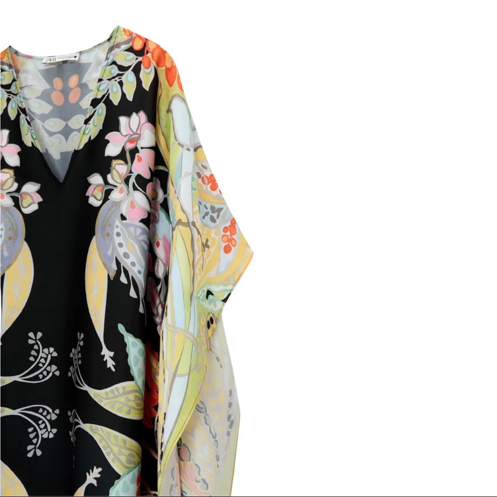 Zara RARE Multicolored Floral Printed Asian Satin Kimono Kaftan Scarf Midi Dress - Picture 7 of 15